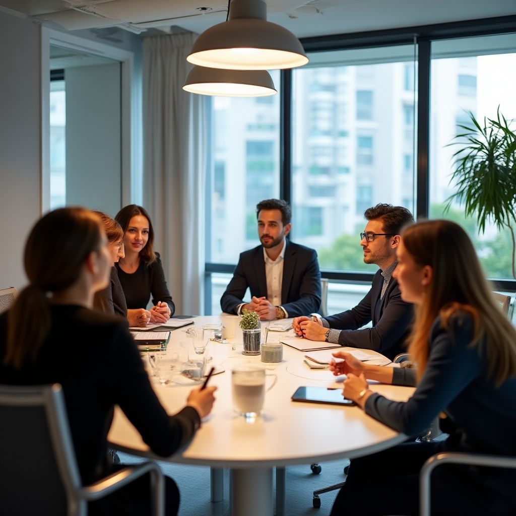 Equipo de consultoría en reunión estratégica
